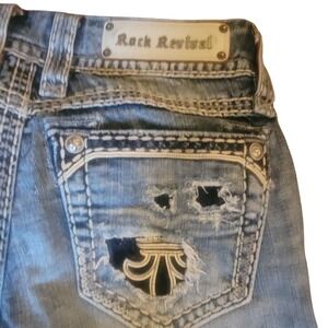 Rock Revival Womens Distressed Capri Jeans Fleur De Lis Blue Denim Size 28
